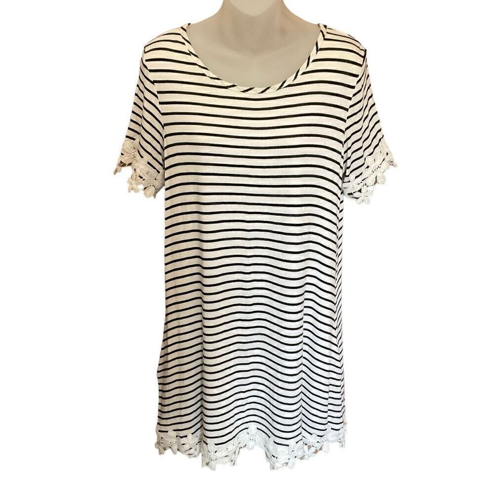 Altar’d State Midi Dress Round Neck White Black Stripe Applique Hem Cuffs Medium